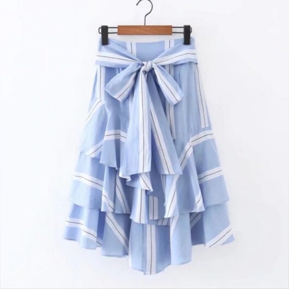 ZARA Asymmetrical ruffle midi skirt in blue, white and black stripe - Picture 1 of 6
